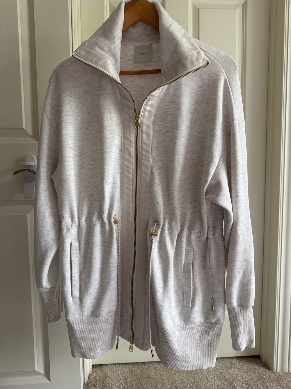 Varley Oatmeal Ridgefield Longline Jacket - Heathered Zip-Front Drawstring